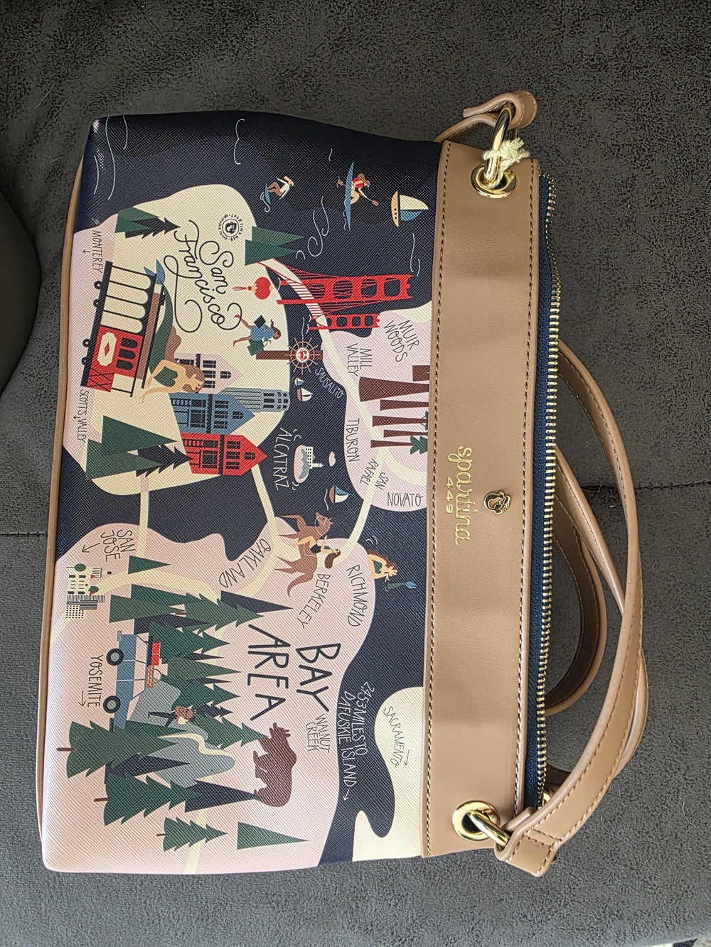 Spartina 449 Navy and Tan Bay Area Illustrated Crossbody Tote